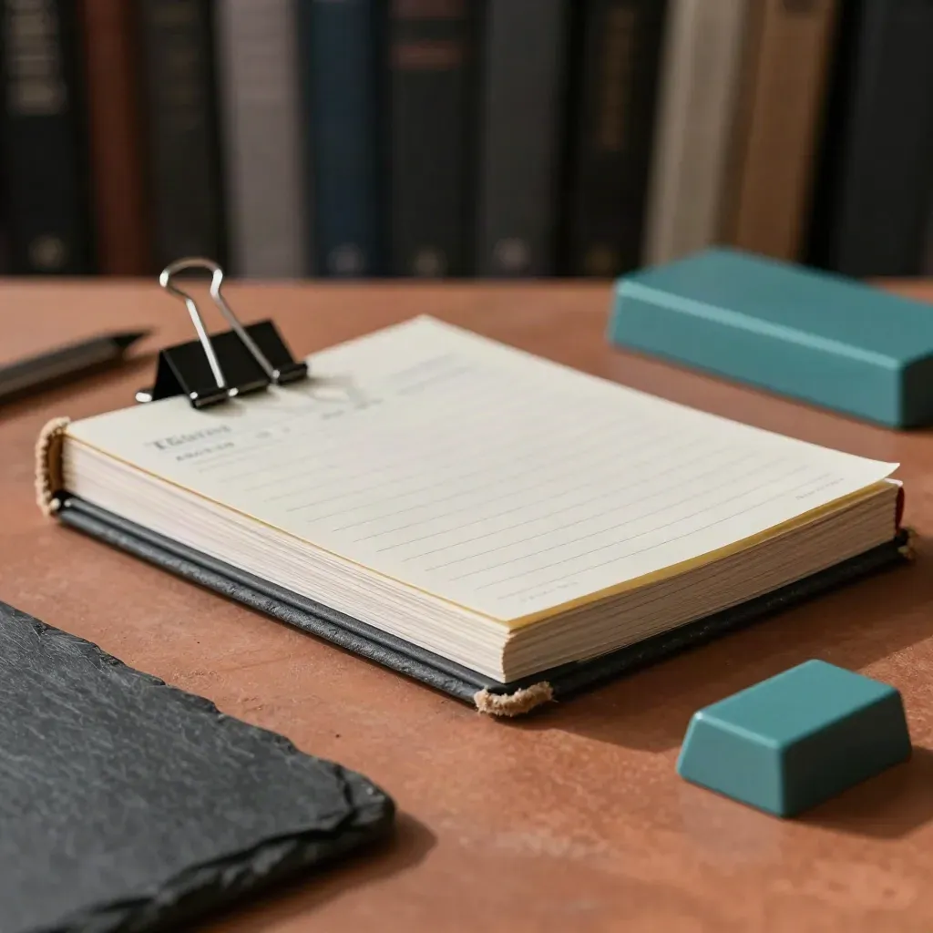 Ledger book, binder clip, filing tray and teal document block on terracotta surface