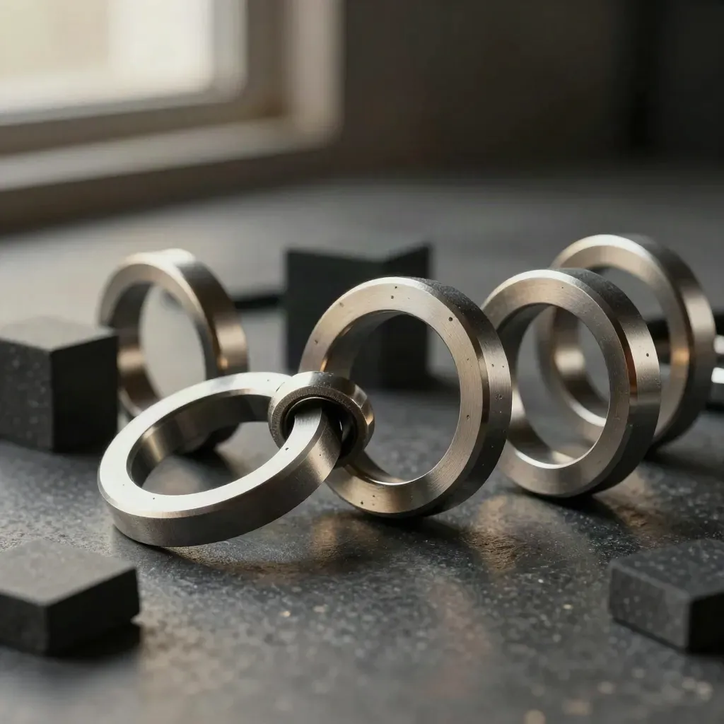 Steel rings and modular blocks linking into a clean workflow chain on stone.