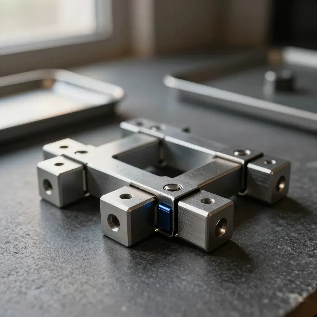 Linked aluminum rail segments and clamps around a slate puck on graphite stone.