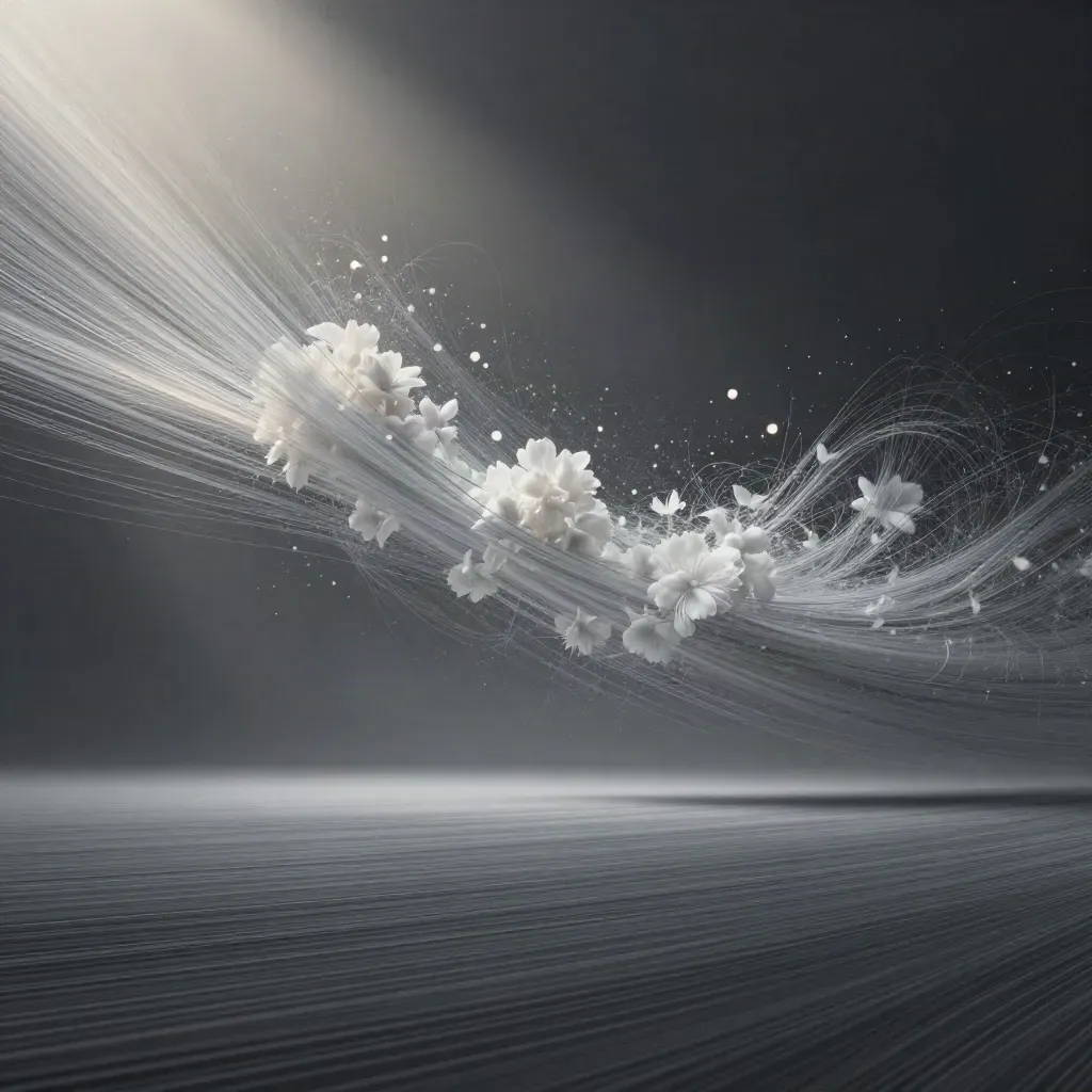 Abstract silver filaments converge into a white glow in dark graphite haze, with calm copy space below.