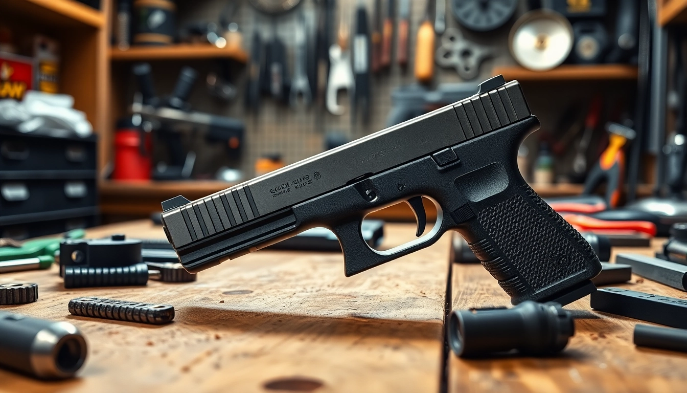 Showcasing an oem glock 26 slide in a detailed gunsmith workshop environment.