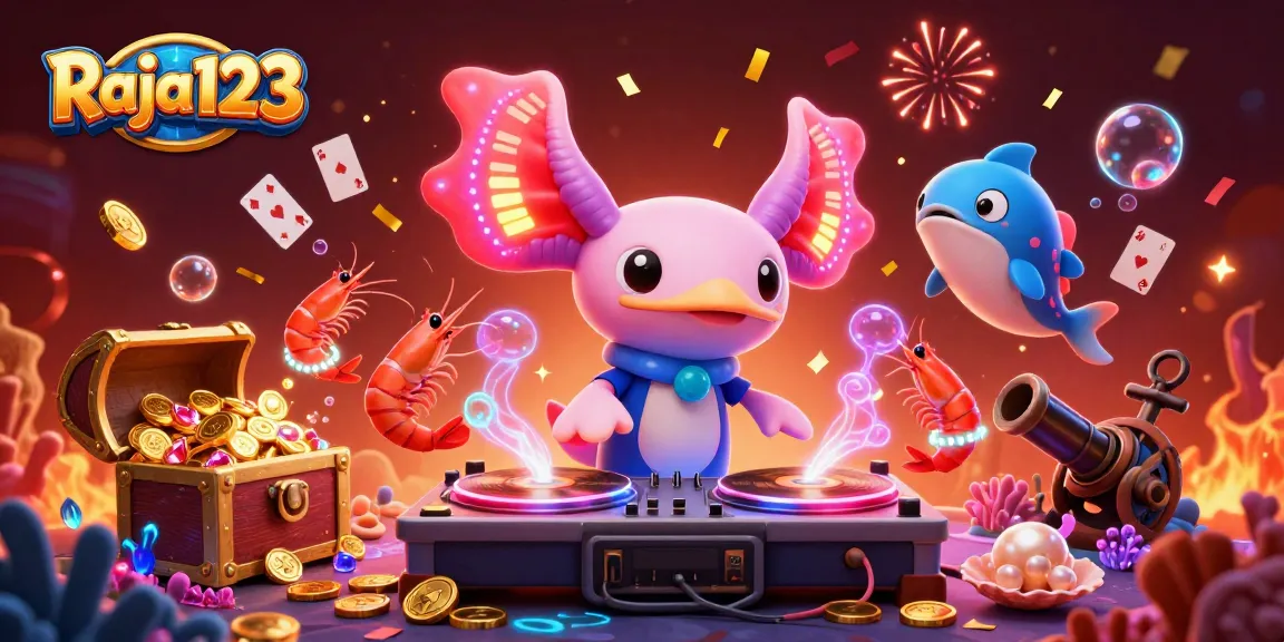 Join the celebration at Raja123 with a vibrant underwater casino scene featuring a DJ axolotl and lively marine life.