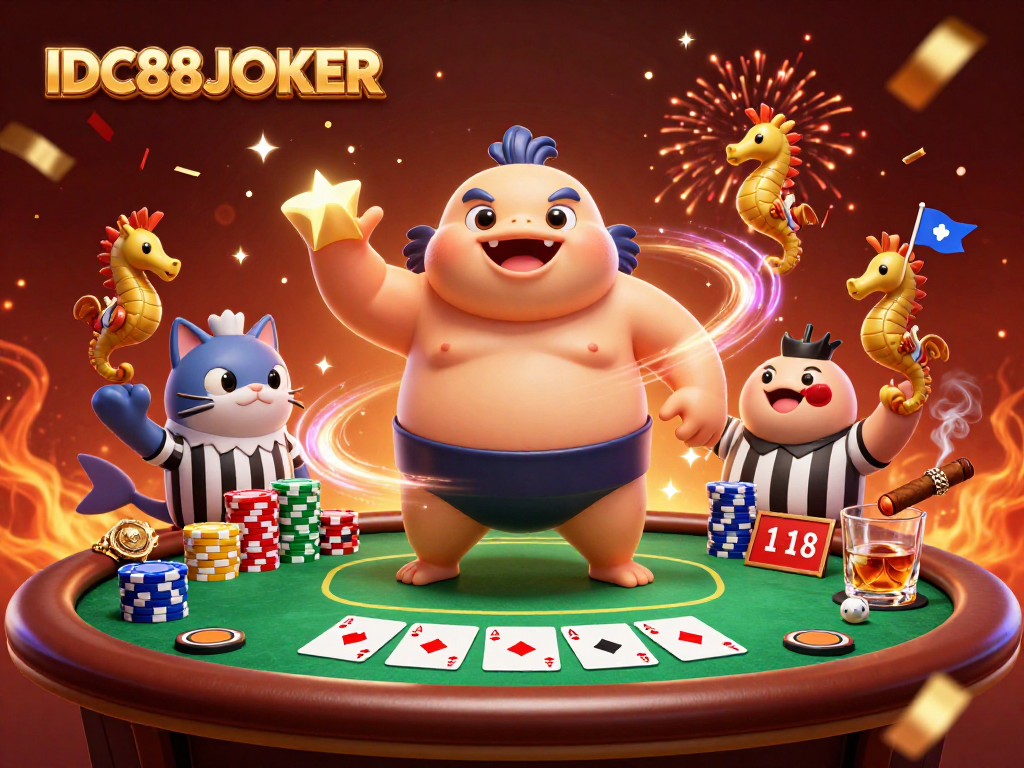 Engage with IDC88JOKER's underwater poker scene featuring a lively blowfish, a catfish referee, and vibrant game elements.