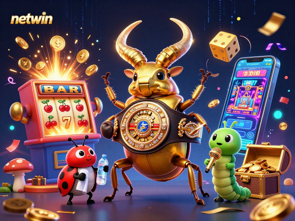 Experience the thrill of netwin with a giant stag beetle champion battling in a dynamic casino scene.