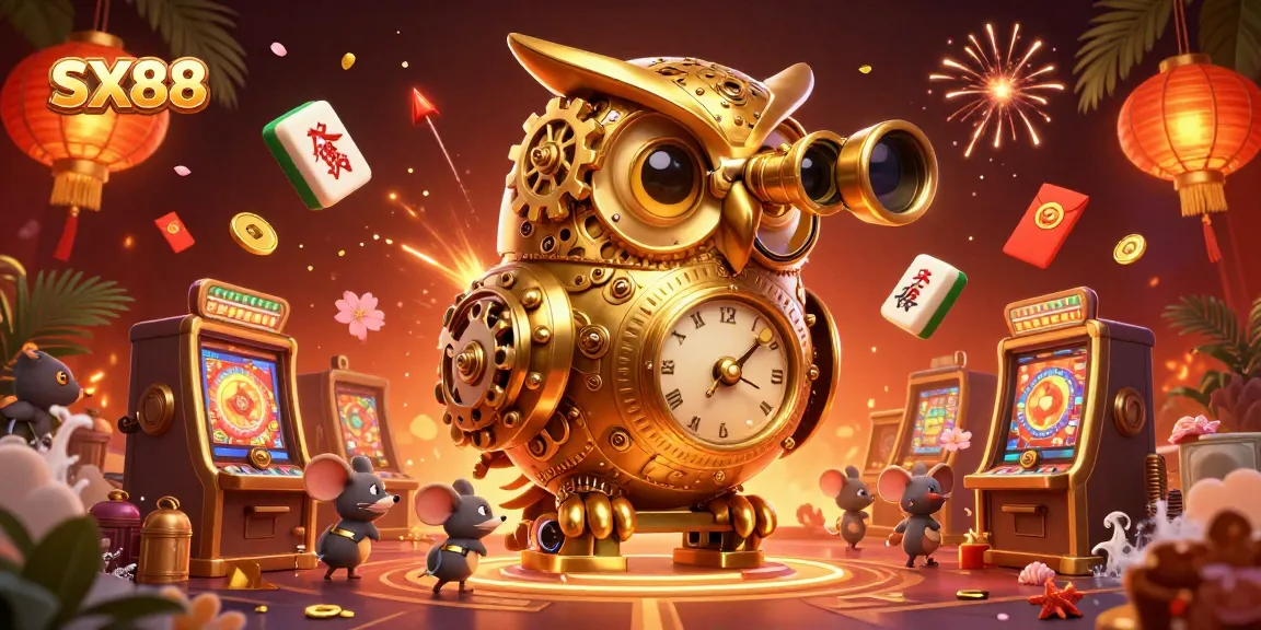 SX88 invites players to explore a vibrant casino scene with a golden owl and whimsical elements.