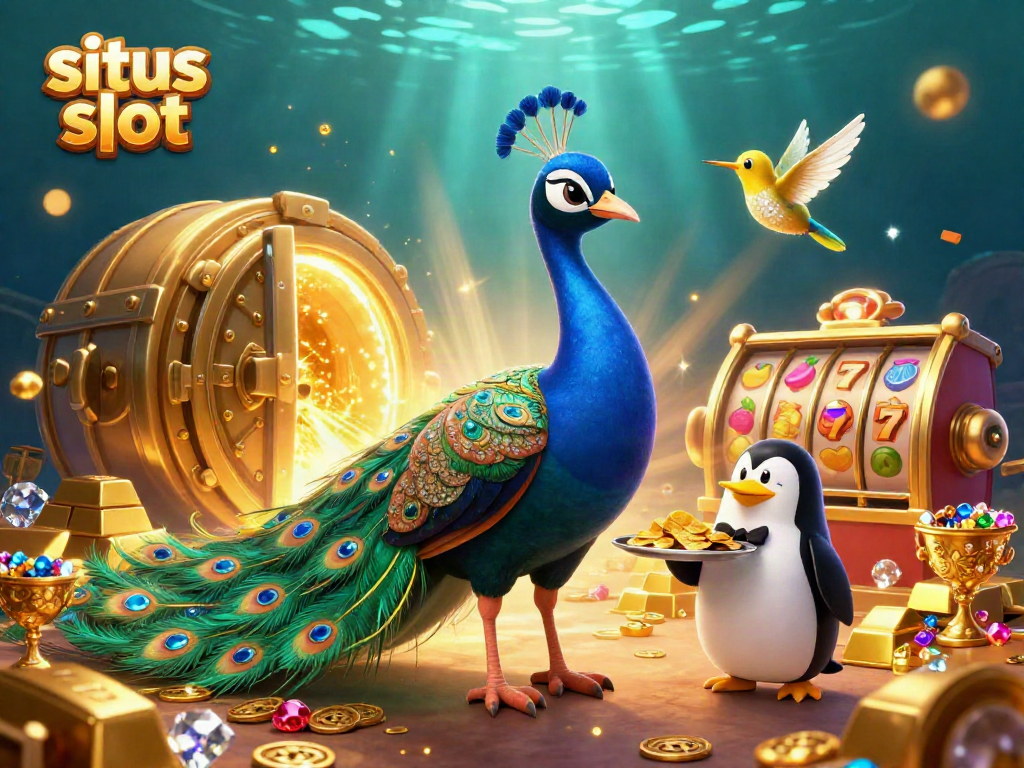 Experience situs slot excitement with aristocratic peacock, butler penguin, and treasures in vibrant casino scene.