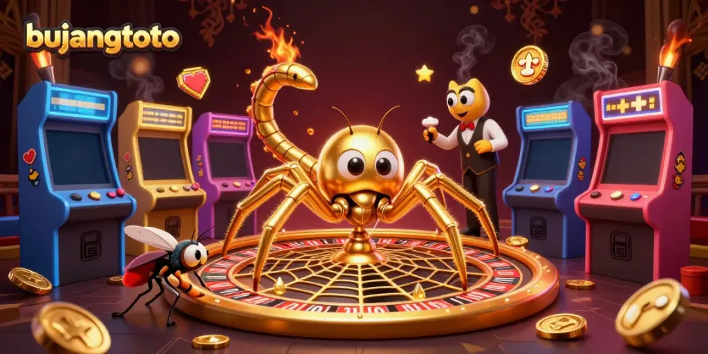 Experience the thrill of bujangtoto with an exciting golden roulette web illustration featuring gaming characters.