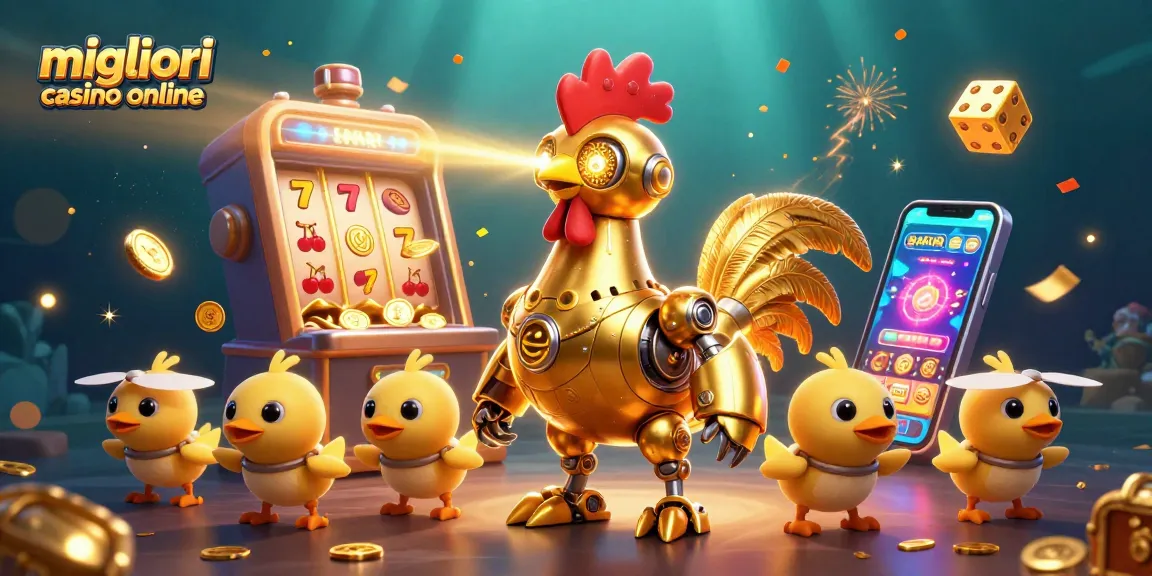 Slot machine eccitante e robot gallo d'oro che animano i migliori casino online.