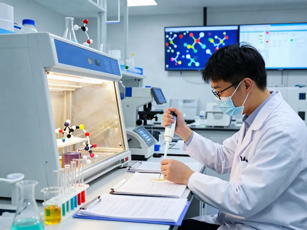 Exciting peptide synthesis laboratory at Https://noxpeptides.ca with scientists analyzing samples.