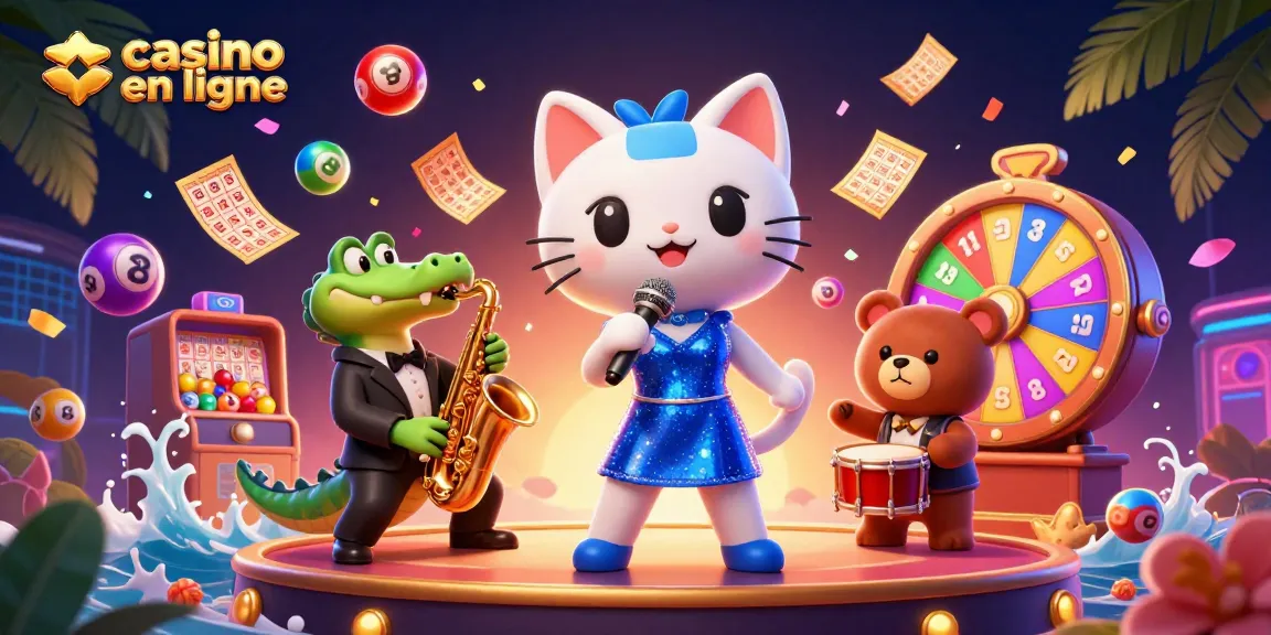 Découvrez le casino en ligne avec des personnages animés jouant dans un environnement coloré et festif.