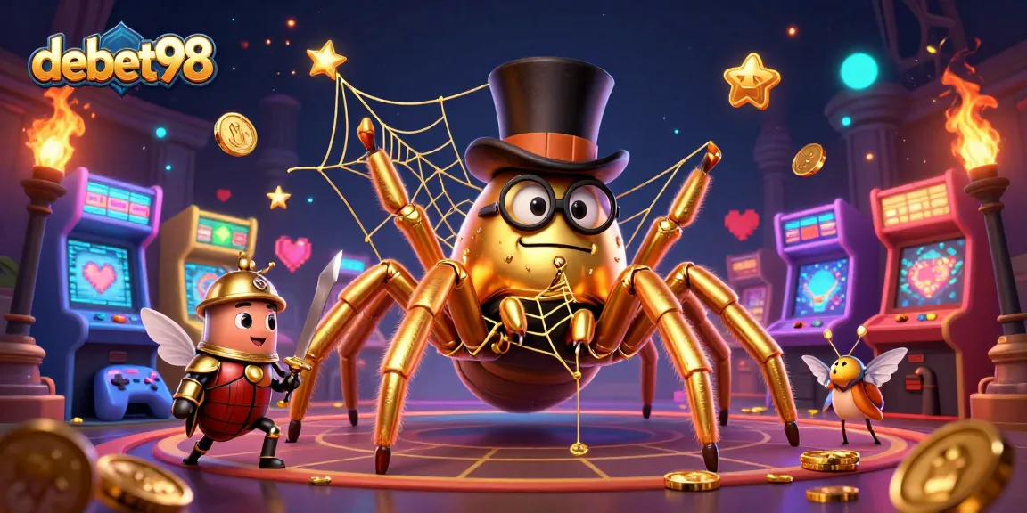 Experience thrilling gameplay at debet98, featuring a grand golden tarantula weaving wonders in a vibrant casino.