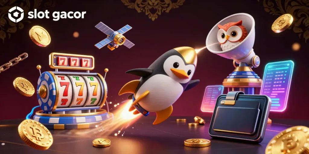 Experience the excitement of slot gacor with a vibrant illustration of a golden penguin in a casino-themed space.
