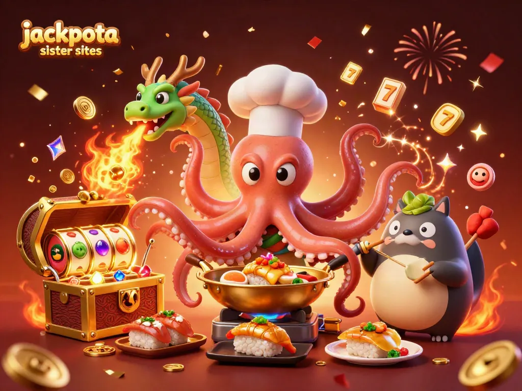 Discover jackpota sister sites with a vibrant 3D illustration showcasing a sushi chef octopus and gaming elements.