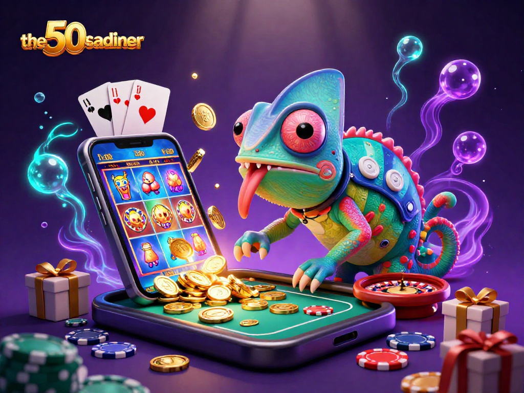 Experience gaming excitement at the50samericandiner with vibrant casino elements and a colorful chameleon character.