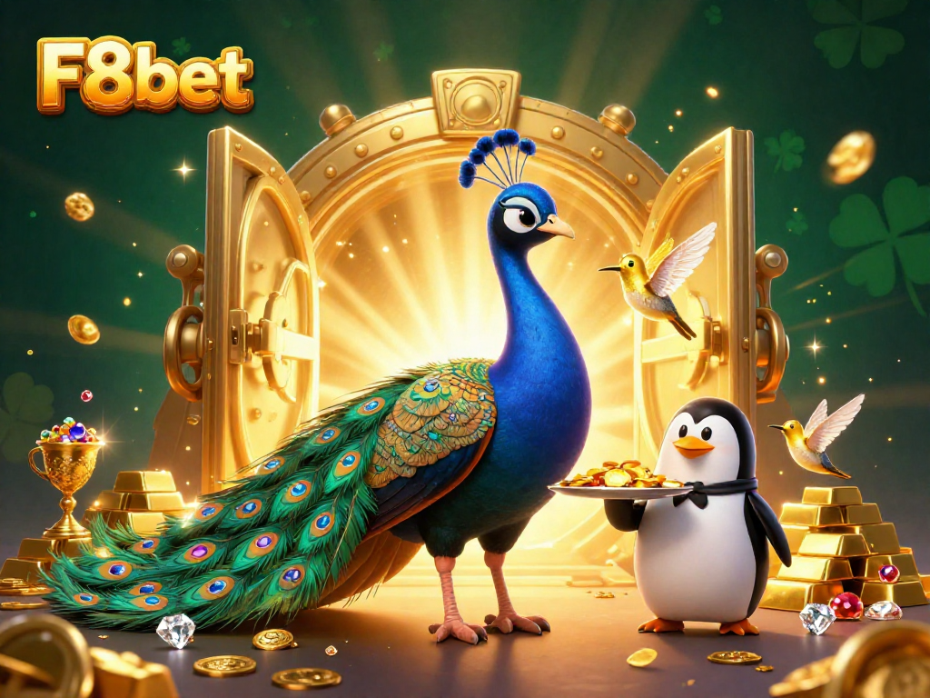 Experience F8bet's vibrant casino scene with peacock, penguin, and hummingbird amidst treasures.