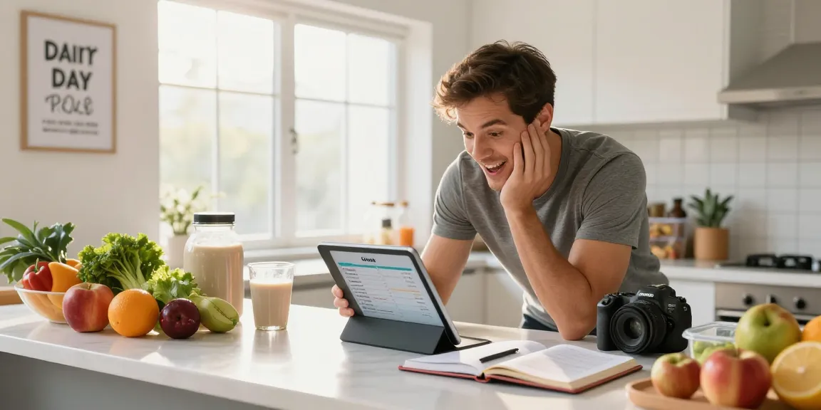 Enthusiastic user engaging with the best AI macro tracker app in a vibrant kitchen.