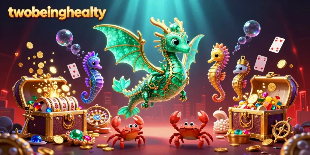 Spin to win with twobeinghealty's captivating 3D sea dragon slot adventure, surrounded by treasure and excitement.