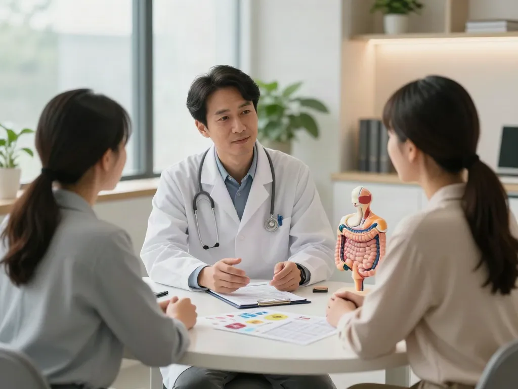Irritable bowel syndrome consultation between physician and patient in a modern office setting.
