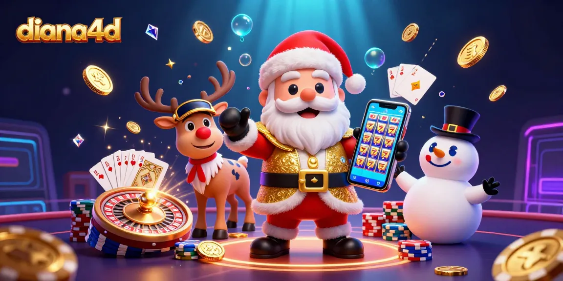 Play games and win with diana4d in this vibrant casino illustration featuring festive characters and dynamic gaming elements.