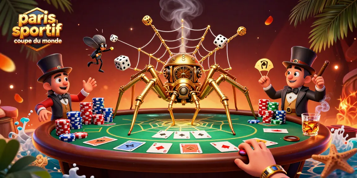 Pari sportif coupe du monde avec une araignée steampunk et des jetons de poker dans un décor dynamique