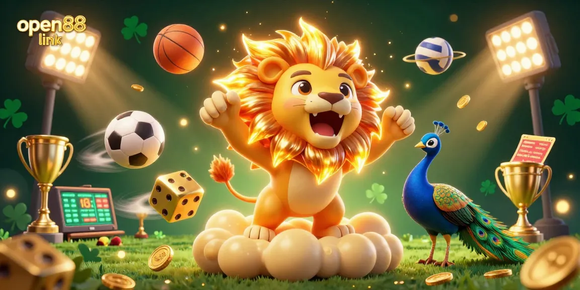 Experience thrilling games with open88 link featuring a cartoon sun lion and golden sports elements.