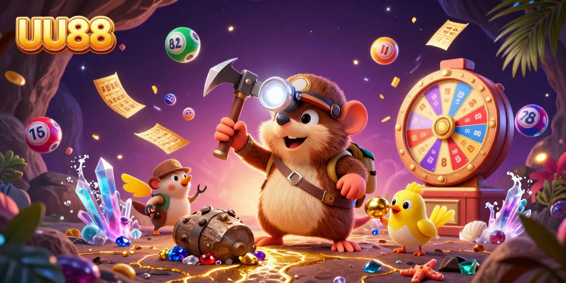 Experience excitement at UU88 with a vibrant 3D illustration showcasing a treasure hunter mole surrounded by colorful lottery elements.