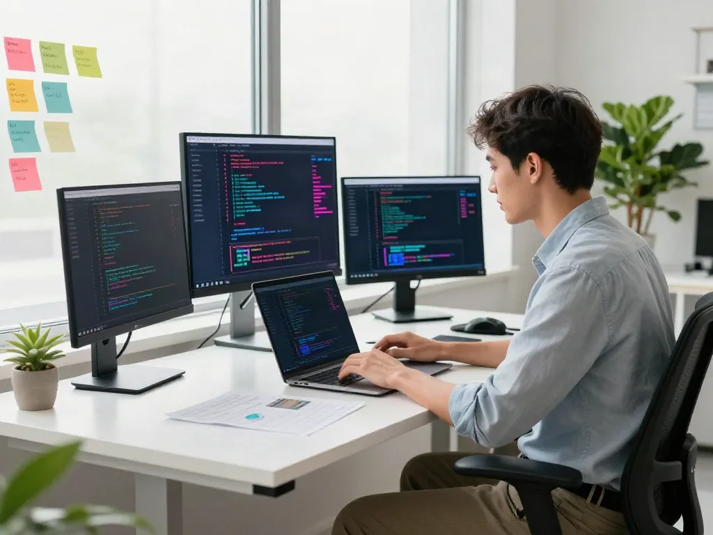 Dynamic digital workspace showcasing software development at gridquest.net with vibrant code and user interfaces.