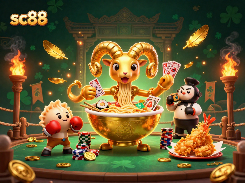sc88 captures the vibrant energy of a casino scene with a giant ramen bowl character and dynamic gold effects