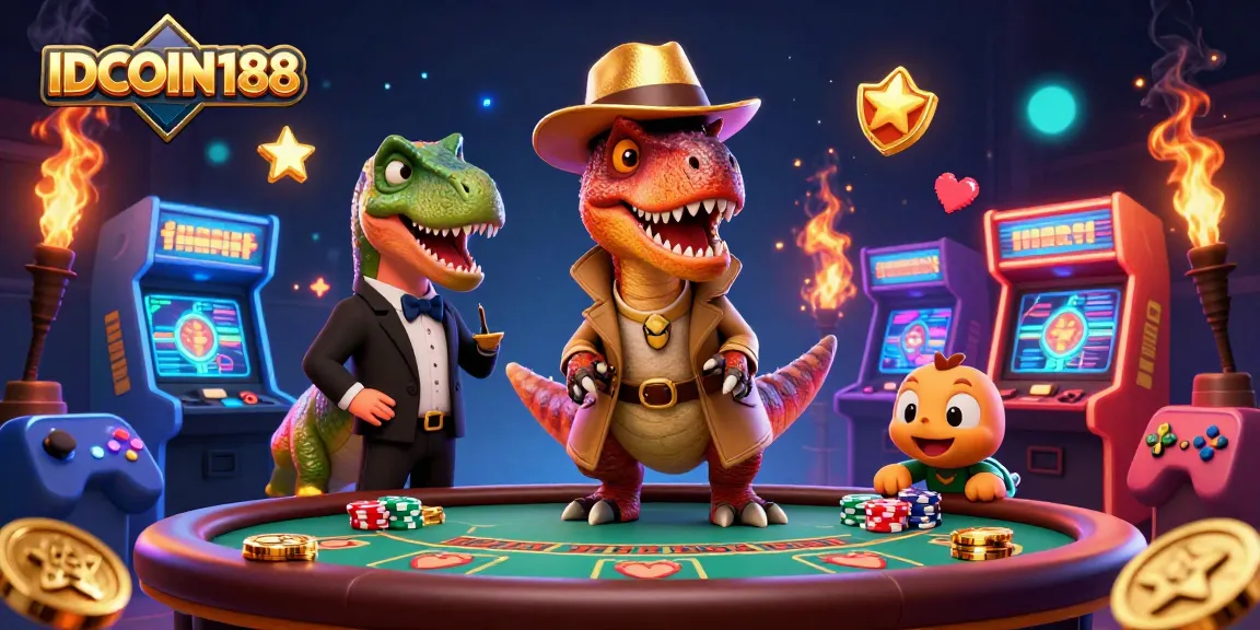 IDCOIN188 showcases a dynamic scene with a velociraptor card counter and colorful gaming elements.