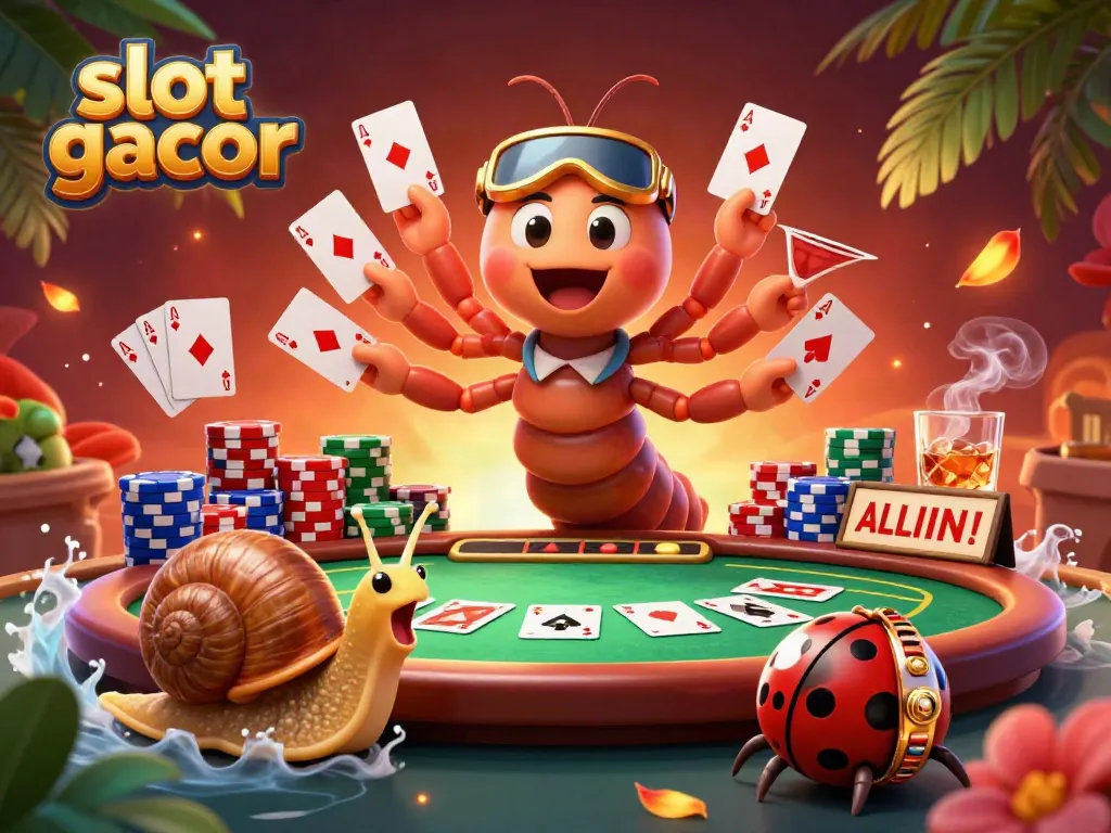 Menggali permainan slot gacor dengan dealer kartun unik yang memegang kartu di tengah suasana kasino yang meriah.