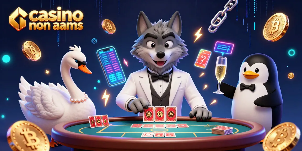 Una scena di un casinò non AAMS con un lupo elegante che gioca a baccarat, una cygnina che distribuisce carte e un pinguino sommelier.