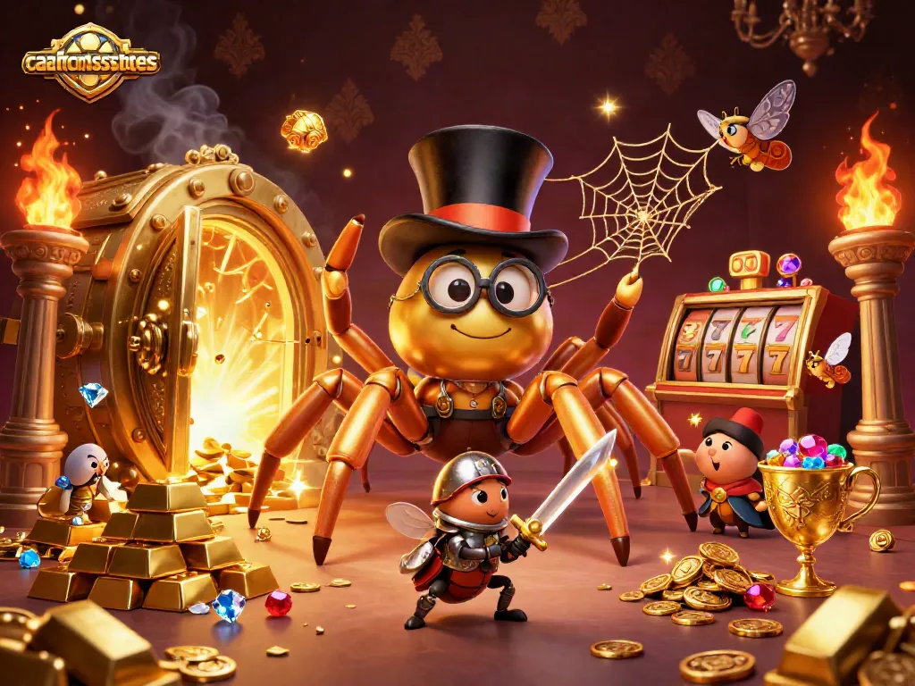 Engage with cafecasinosistersites while a golden tarantula weaves a web amidst vast casino treasures.