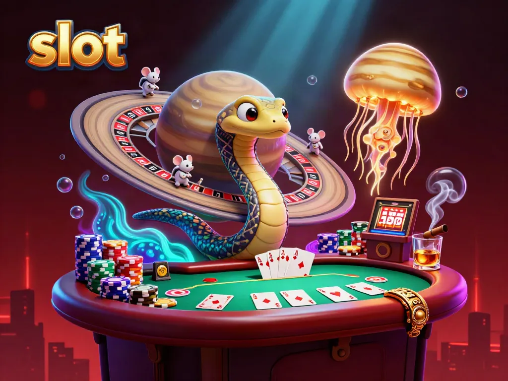Mesin slot judi dengan simbol buah dan 7 keberuntungan dikelilingi oleh tokoh kartun 3D.