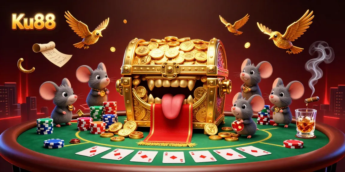 Engaging scene of Ku88 gambling with adventurer mice around a golden treasure chest at a lively poker table.