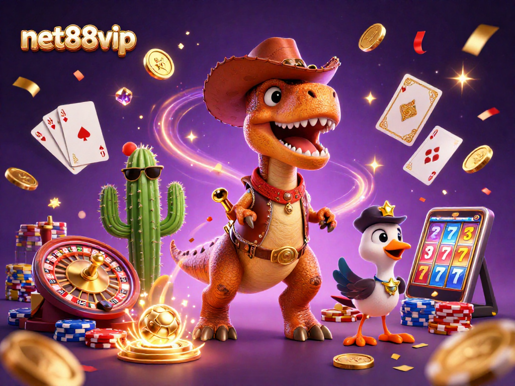 Spin the roulette with net88vip in this vibrant casino scene featuring a T-Rex and friends.