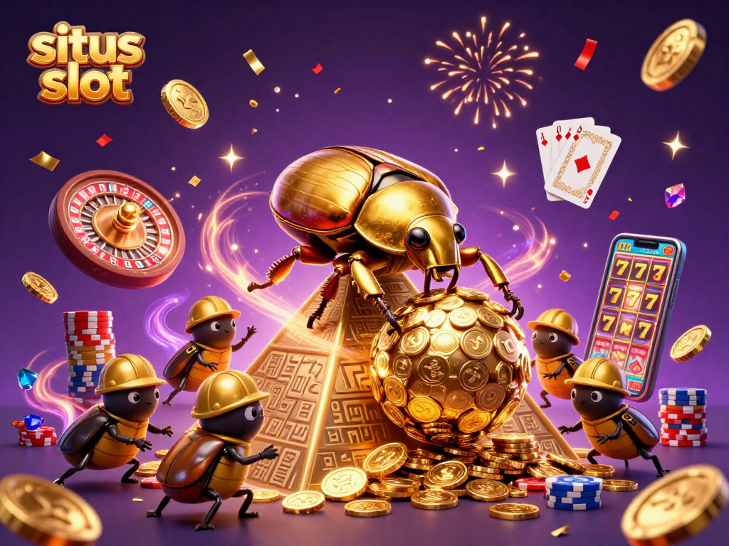 Experience the excitement of situs slot with cascading coins and vibrant casino elements in this 3D illustration.
