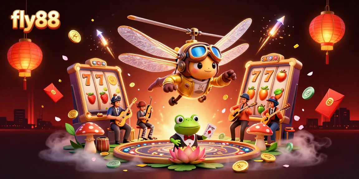 Experience the excitement at fly88 with dynamic casino illustrations featuring lucky symbols and vivid scenes.