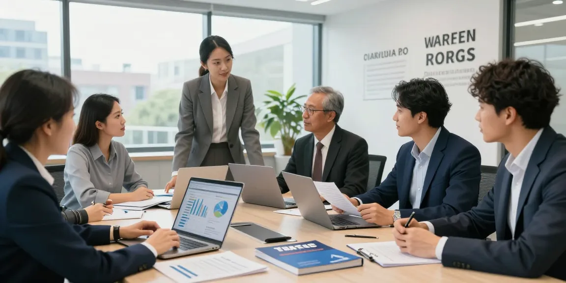 Professional team collaborating on corporate tax return filing in a modern office setting.