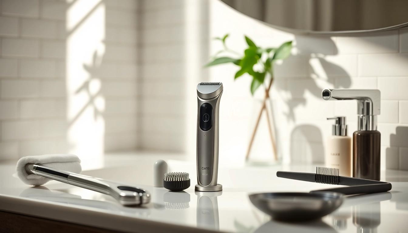 Mini electric shaver on a vanity, showcasing its sleek design and grooming elegance.