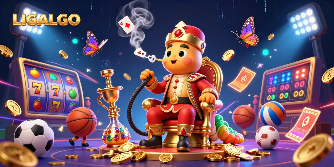 LIGALGO captivates with vibrant slot reels and an enormous caterpillar master in a dynamic casino scene.