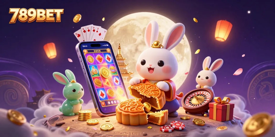 Engage in thrilling gameplay with 789BET, featuring a lively scene of the moon rabbit and casino elements.