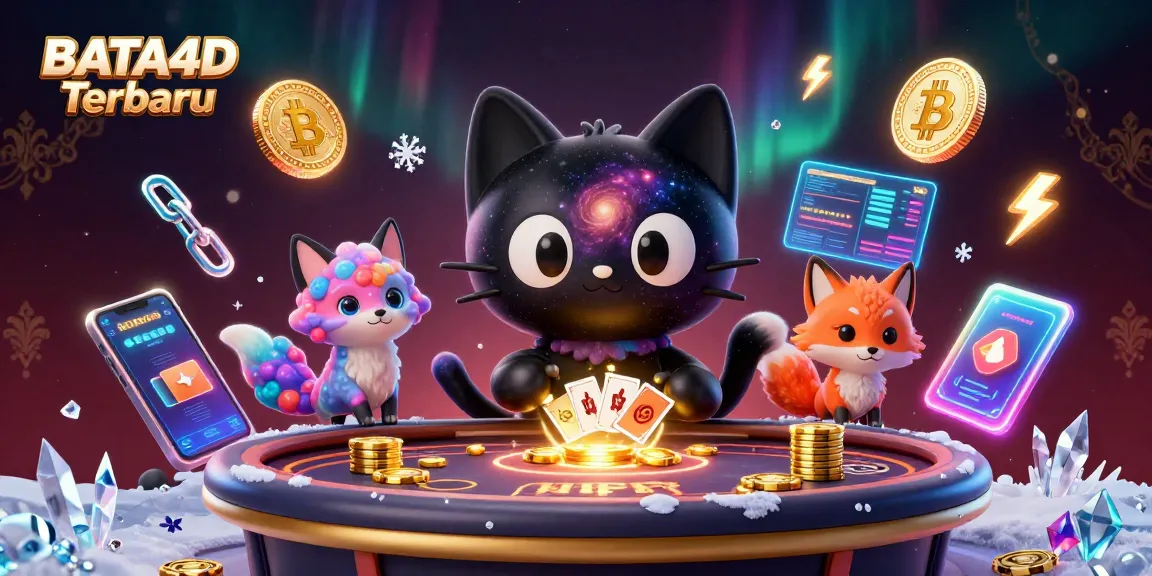 BATA4D Terbaru showcases a dynamic cosmic casino scene with colorful characters and floating crypto elements.