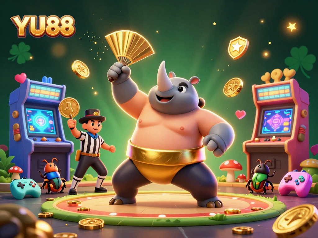 Experience YU88 with thrilling gameplay featuring a vibrant beetle sumo match and glowing arcade elements.