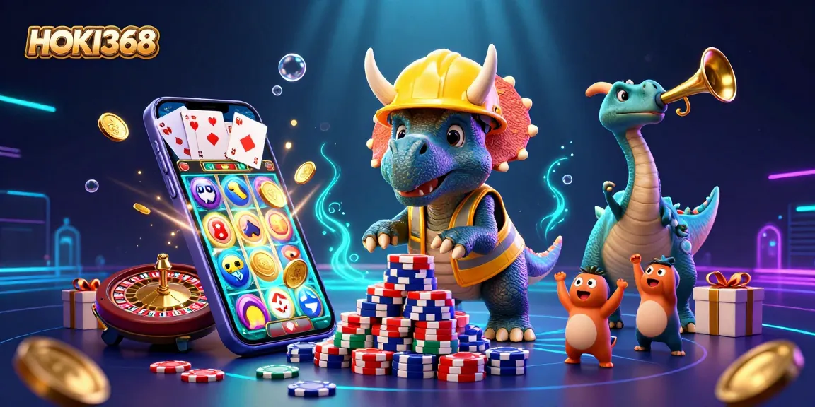 Engaging illustration of HOKI368 with a fun triceratops and casino elements creating excitement.