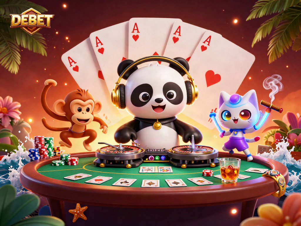 Experience DEBET with vibrant 3D characters in a lively casino scene filled with poker excitement.