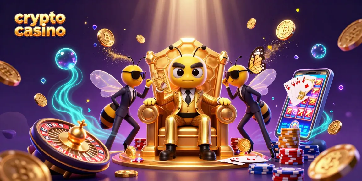 Disfruta de la experiencia de un crypto casino con un jefe de abeja y monedas doradas volando.
