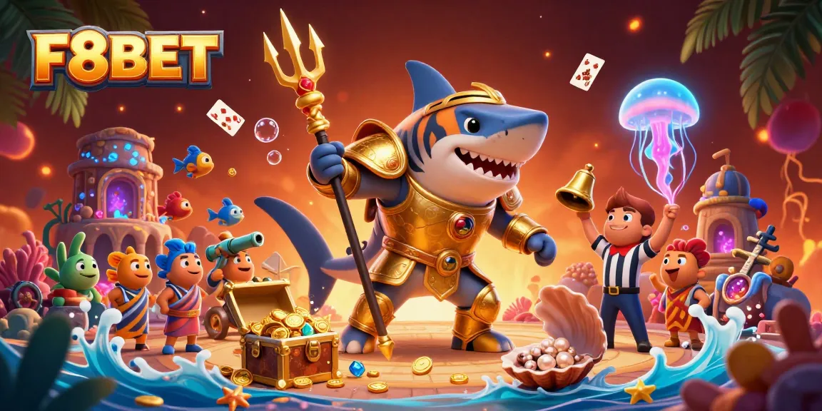 Experience the excitement of F8BET with our dynamic underwater casino scene featuring a golden gladiator shark.