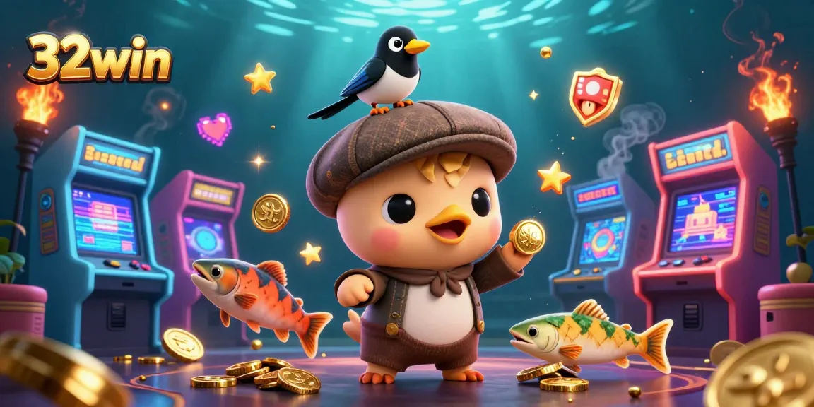 Engage with 32win and win big with our unique gaming experience featuring cartoon characters and vibrant casino elements.