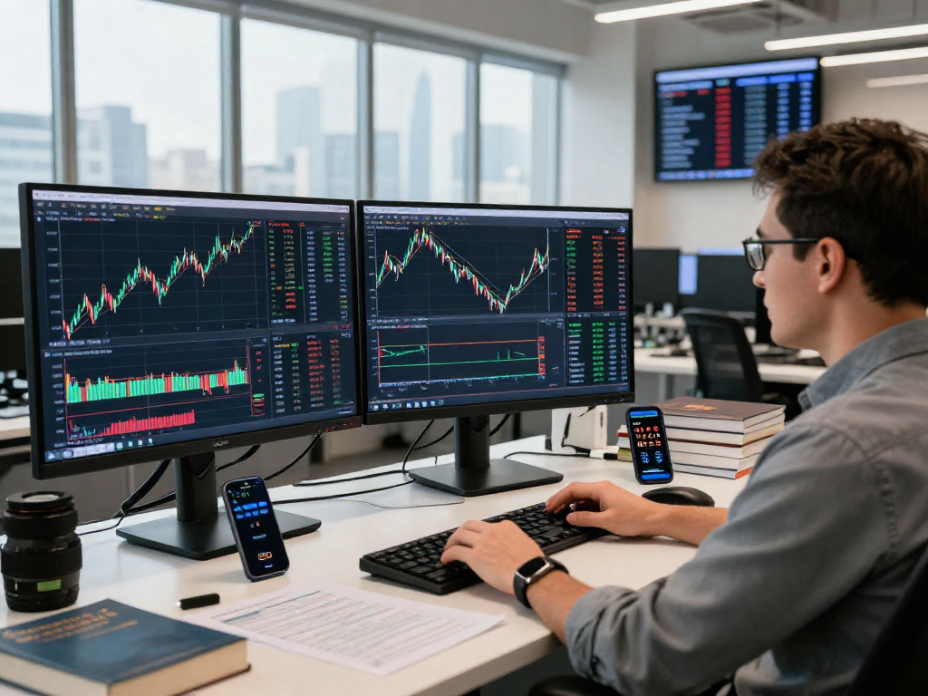 Trader using TradingView on dual monitors in modern office.