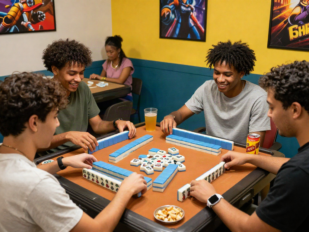Friends enjoying a lively MahjongJP88 game night with colorful tiles and snacks.